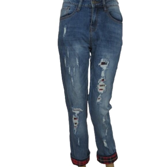 Cartise Distressed Peek-A-Boo Plaid Cuff Stretch Jeans - Picture 1 of 8